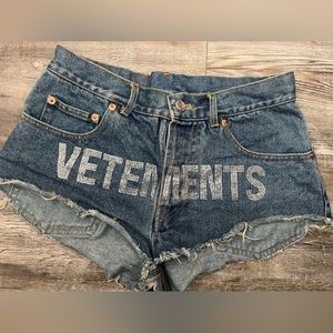 Vetements Blue Denim Crystal Logo Hot Shorts